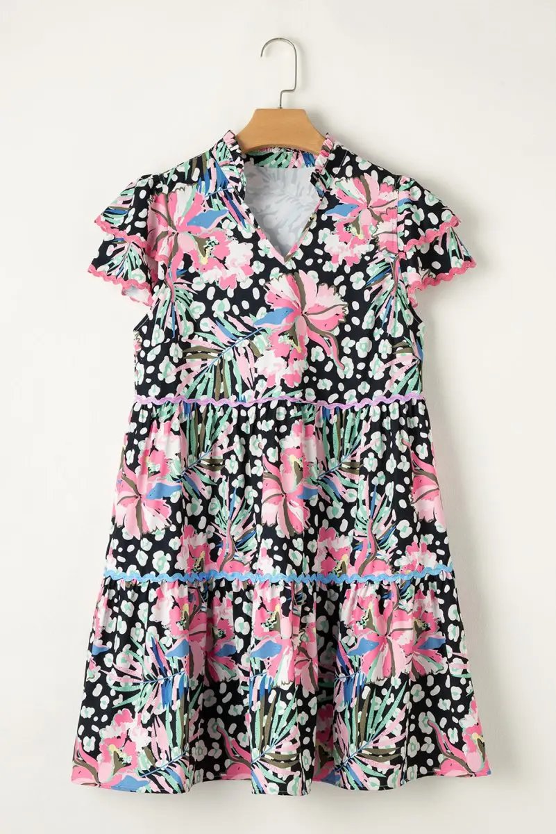 Pink Floral Ricrac Embellished Tiered Mini Dress for Women - Love Salve